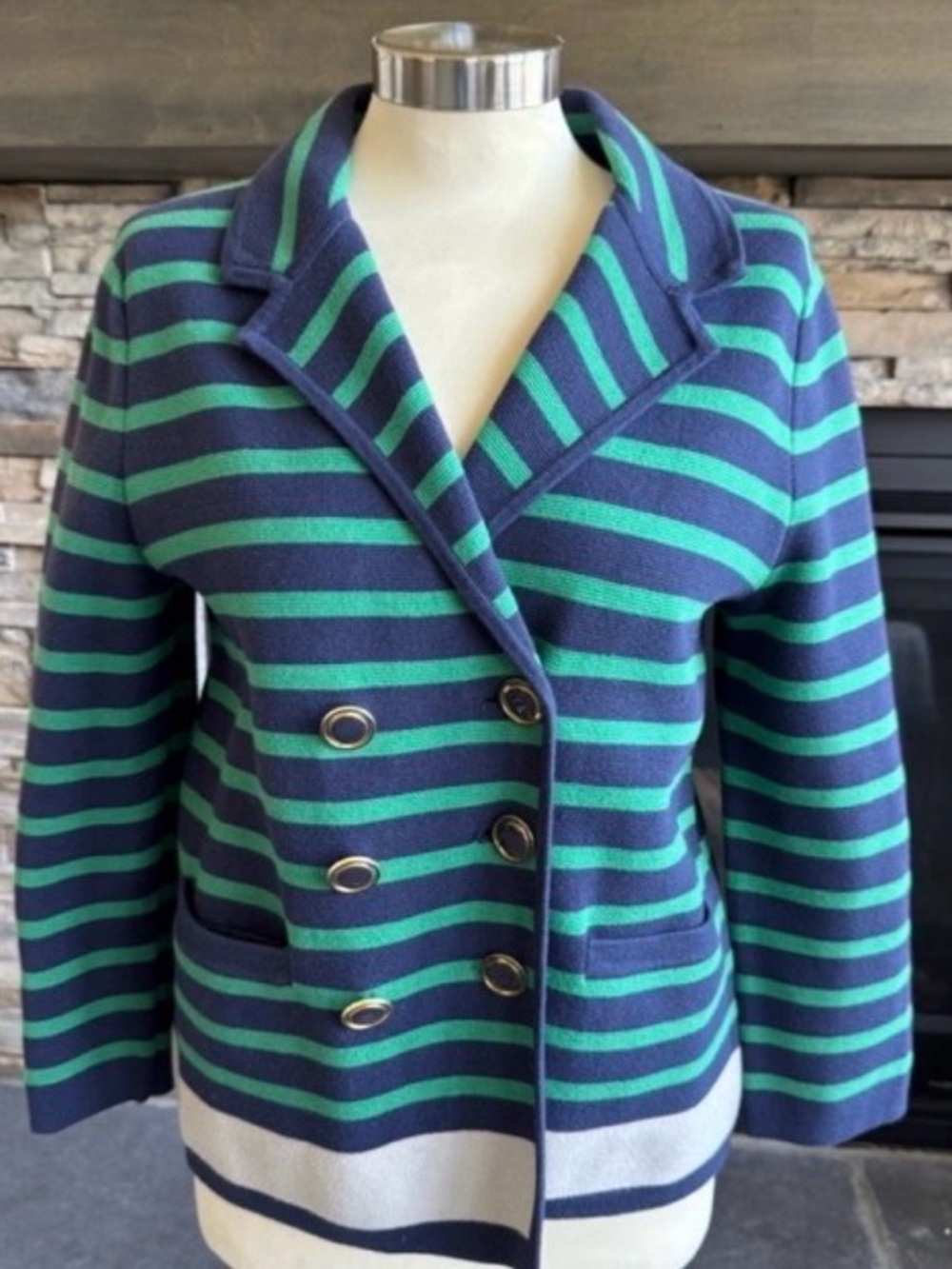 Banana Republic Navy and Green Striped Sweater Top